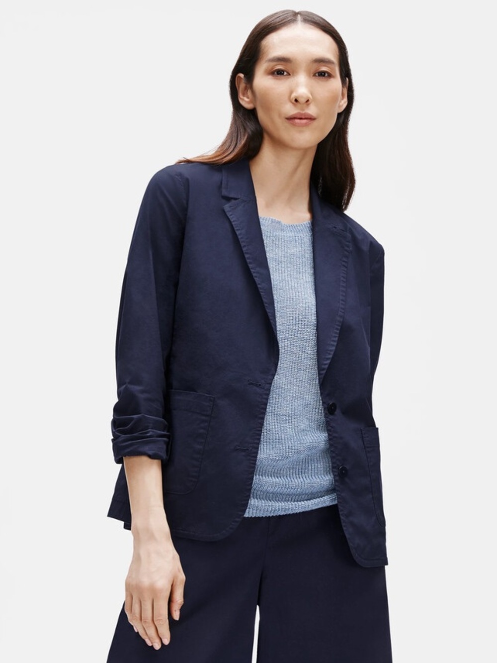 Eileen Fisher Organic Cotton Poplin Blazer Navy Blue Size Large